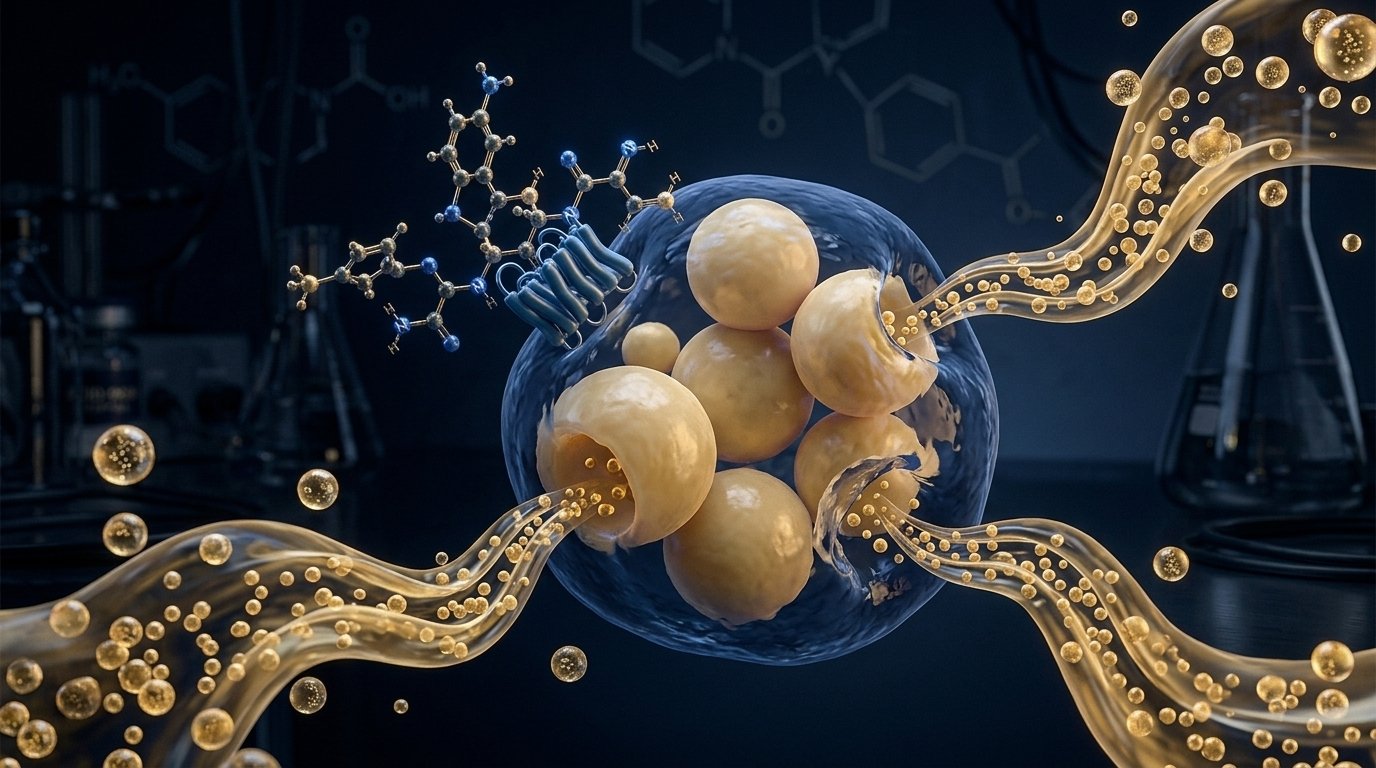 AOD-9604 binding to beta-3 adrenergic receptors on adipocytes, triggering lipid droplet breakdown into free fatty acids