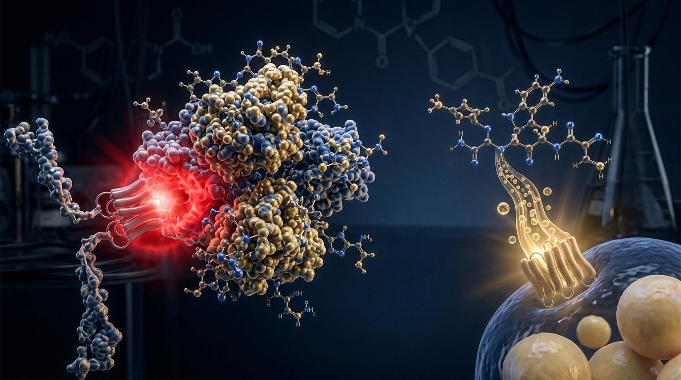 Full HGH molecule with broad receptor binding and IGF-1 stimulation (left) vs. AOD-9604 fragment precisely targeting only fat cell receptors (right)