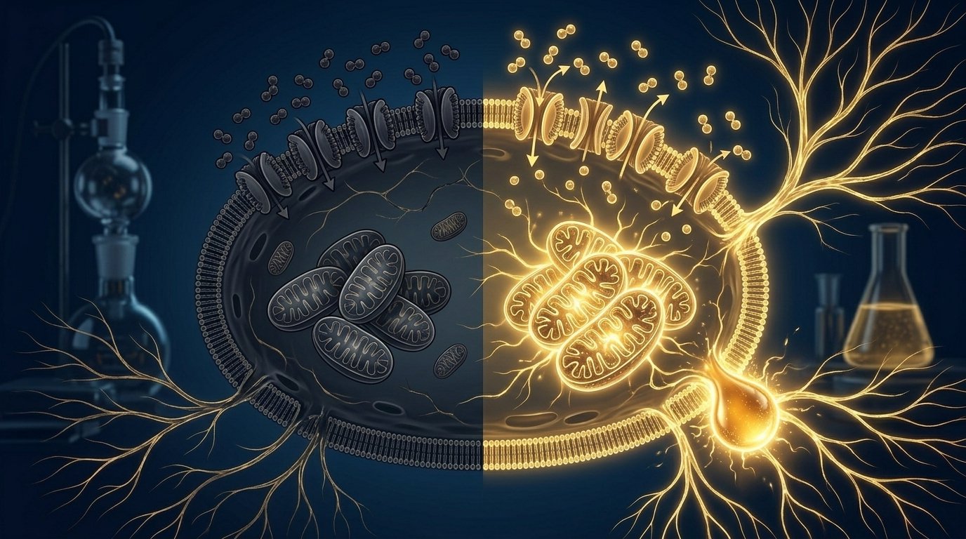 Insulin-resistant cell with blocked receptors (left) vs. MOTS-c activated cell with open glucose uptake channels and energized mitochondria (right)
