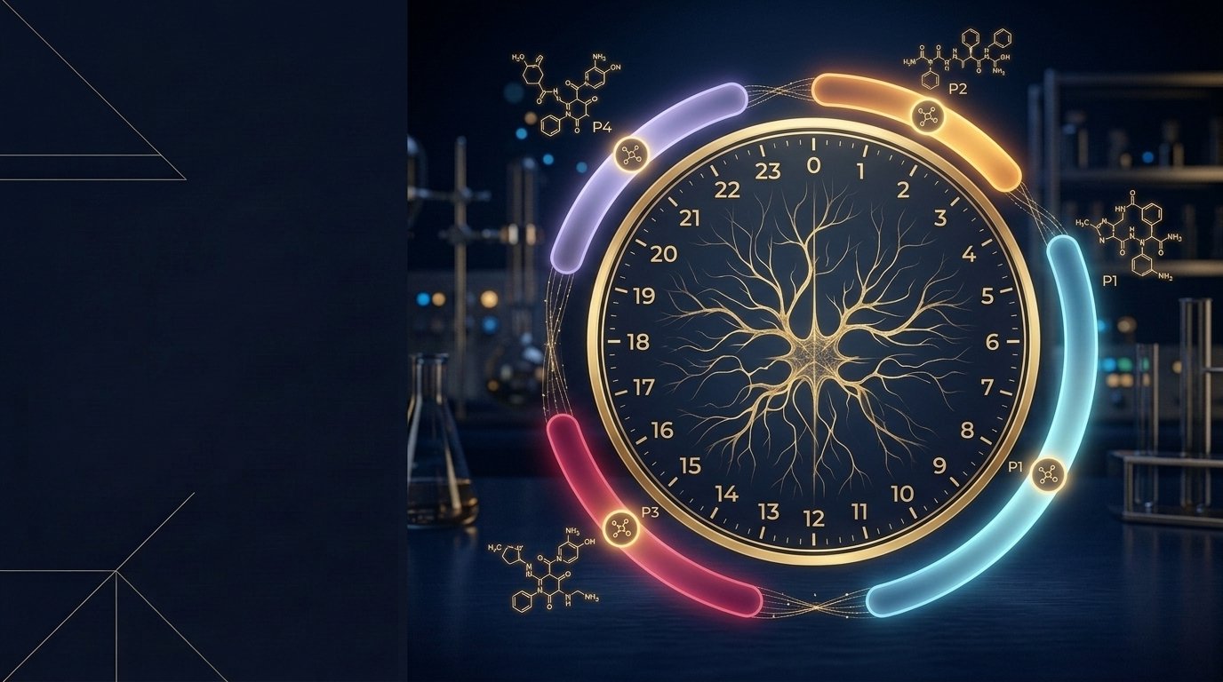 24-hour peptide administration timing wheel showing non-overlapping windows for morning, midday, evening, and bedtime protocols