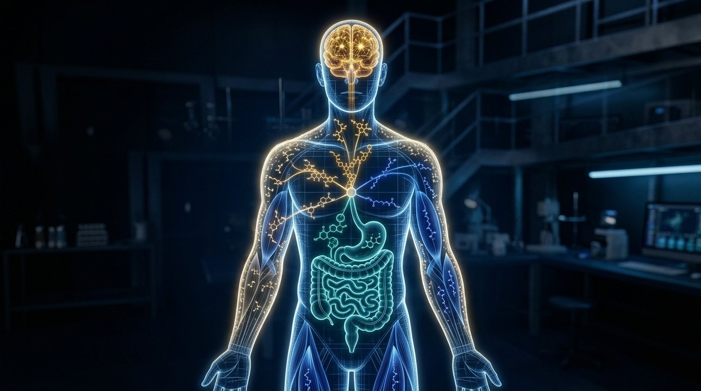 Peptide signals simultaneously targeting brain, gut, muscle, and skin — the multi-system reach of targeted peptide therapy