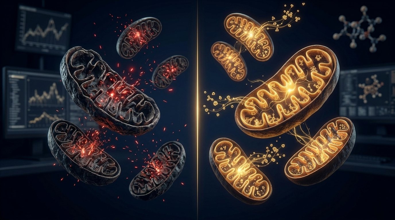 Damaged mitochondria with fragmented cristae and ROS sparks (left) vs. SS-31-treated mitochondria with restored structure and ATP output (right)