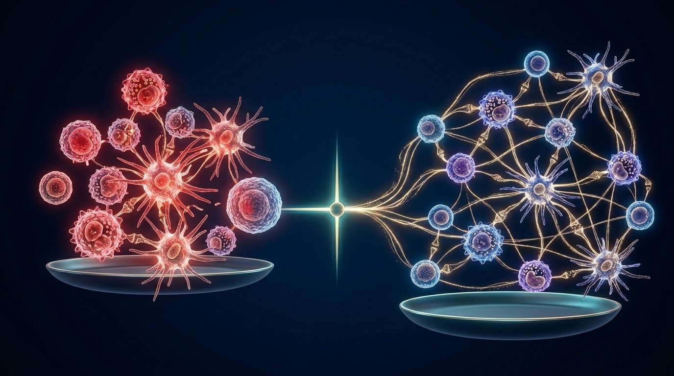 Dysregulated immune response (left) vs. balanced immune network restored by Thymosin Alpha-1 (right)