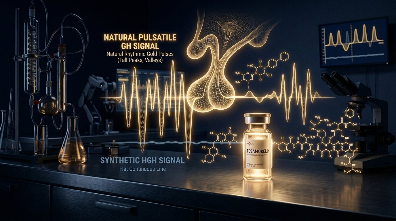 Natural pulsatile GH release pattern preserved by Tesamorelin (gold peaks) vs. flat supraphysiologic levels from synthetic HGH (blue line)