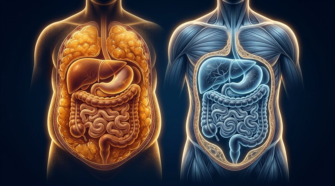 Visceral fat surrounding abdominal organs before Tesamorelin (amber, left) vs. significant VAT reduction with lean tissue revealed (right)