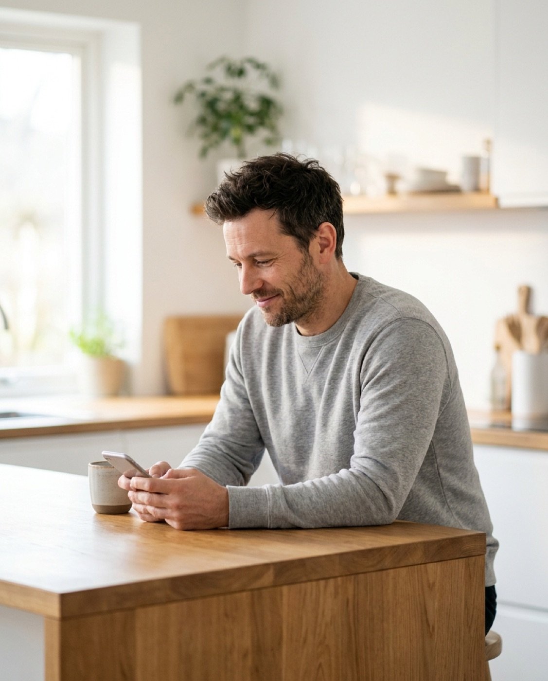 Man checking his phone at a kitchen counter