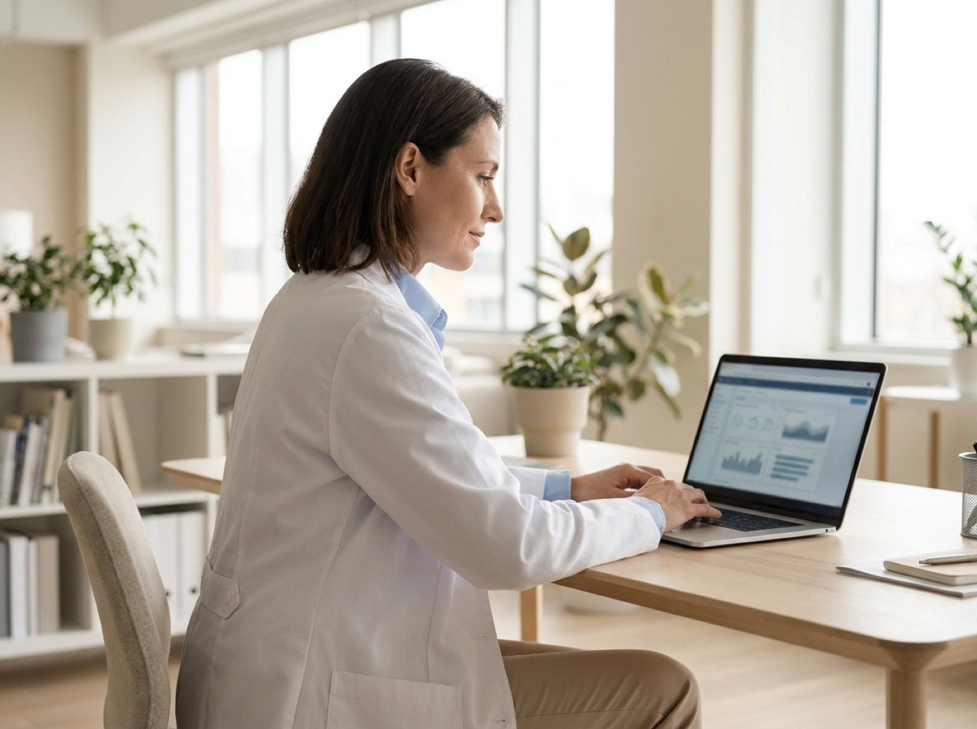 Clinician reviewing a patient intake on a laptop